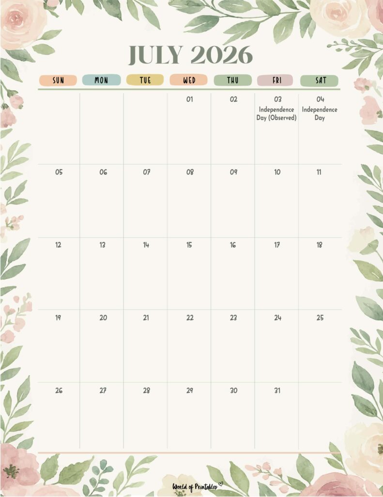 July 2026 Calendar with Holidays 4
