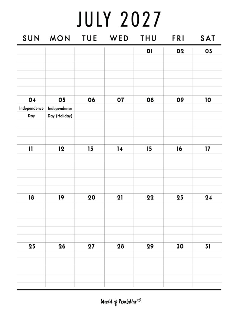 July 2027 Calendar with Holidays 2