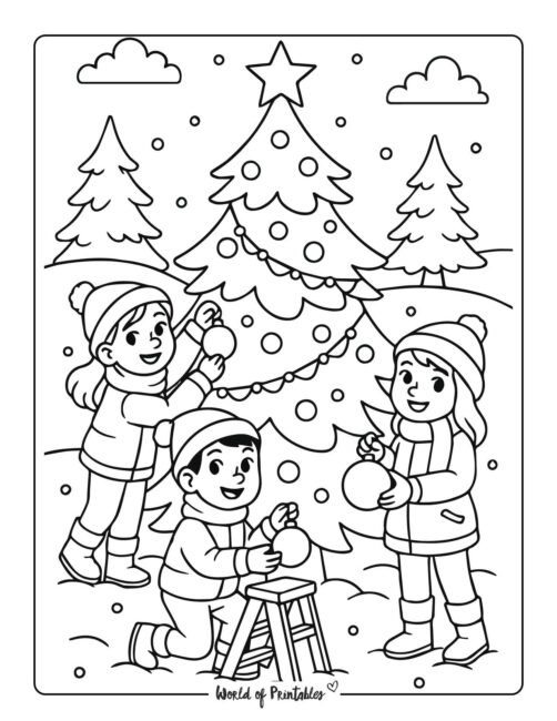 Kids Decorating Outdoor Tree Christmas Coloring Page