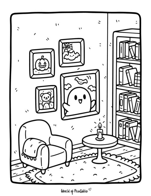 Livingroom Scene Spooky Coloring Page