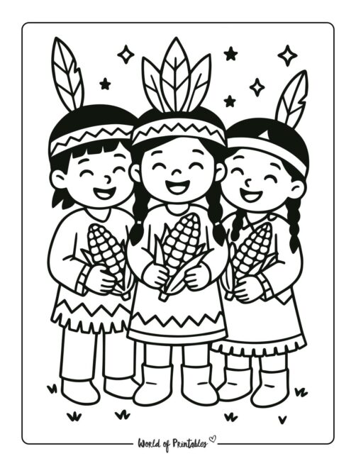 Native Americans Cute Thanksgiving Coloring Page