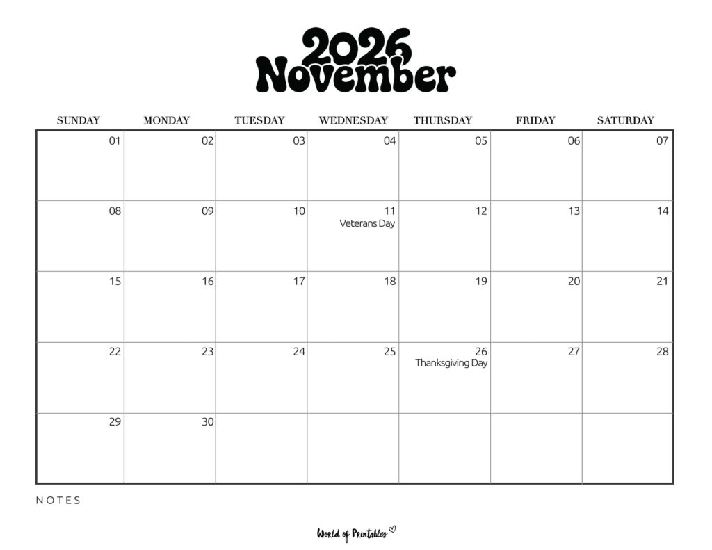 November 2026 Calendar with Holidays 1