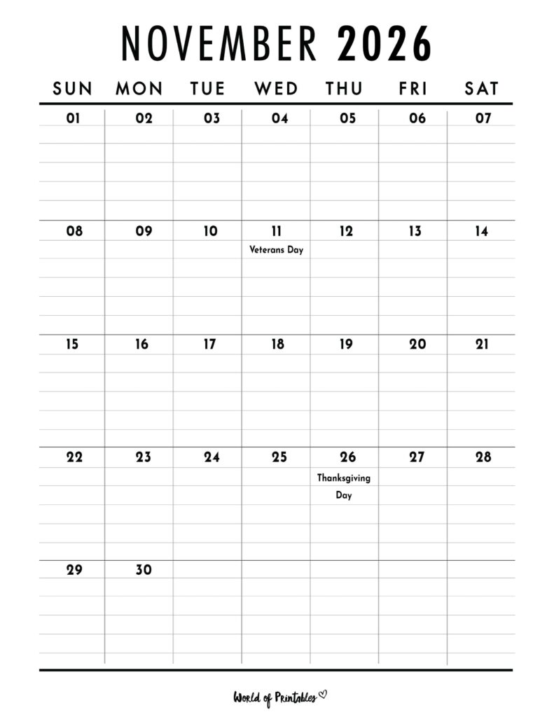 November 2026 Calendar with Holidays 2