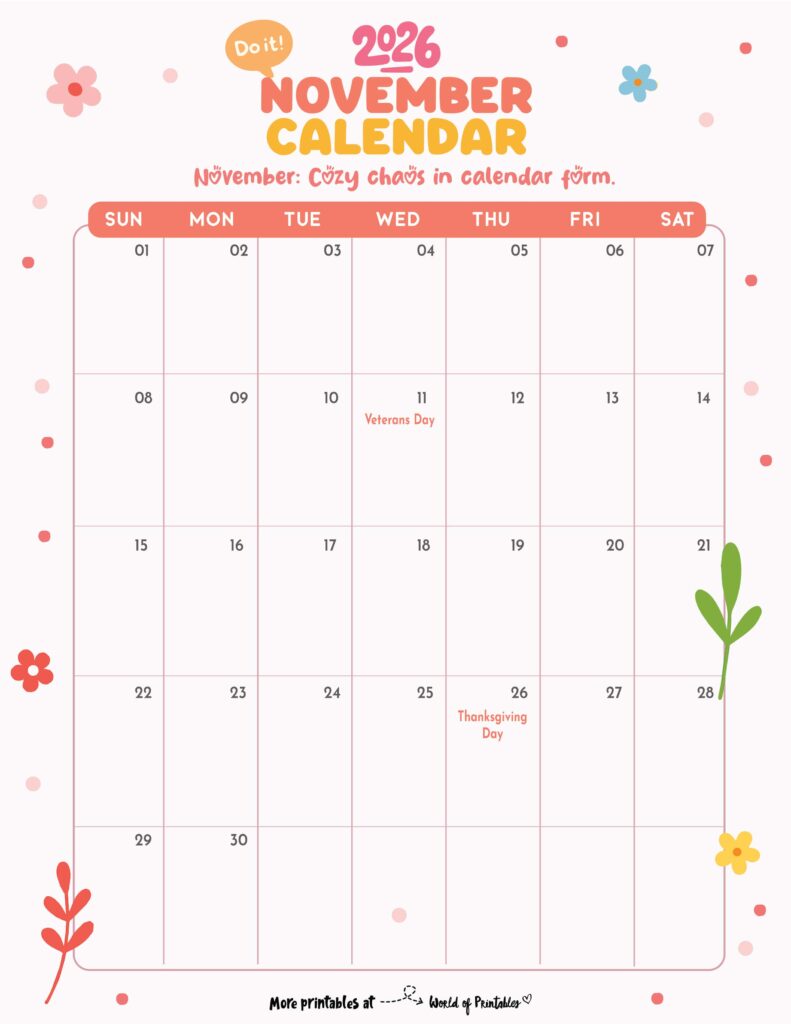 November 2026 Calendar with Holidays 3