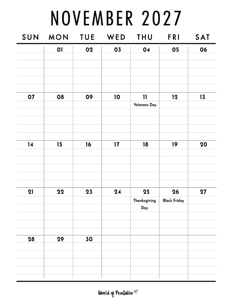 November 2027 Calendar with Holidays 2