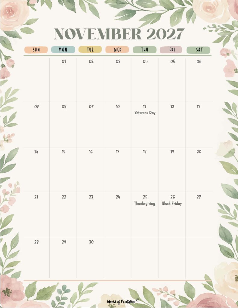 November 2027 Calendar with Holidays 4
