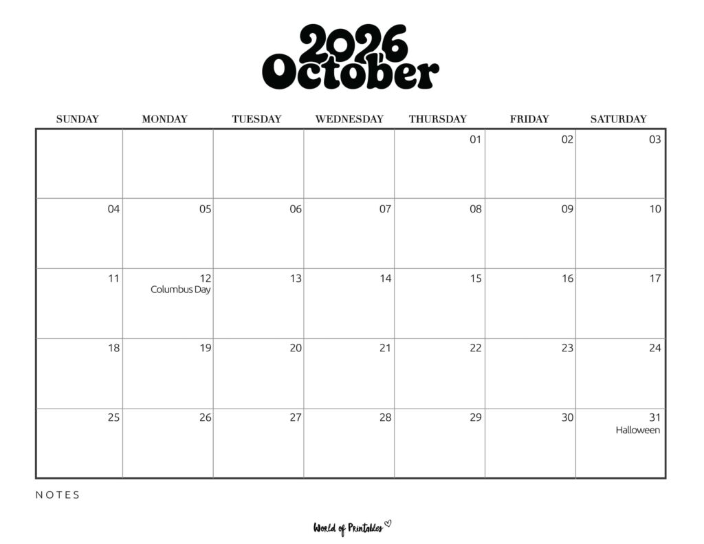October 2026 Calendar with Holidays 1