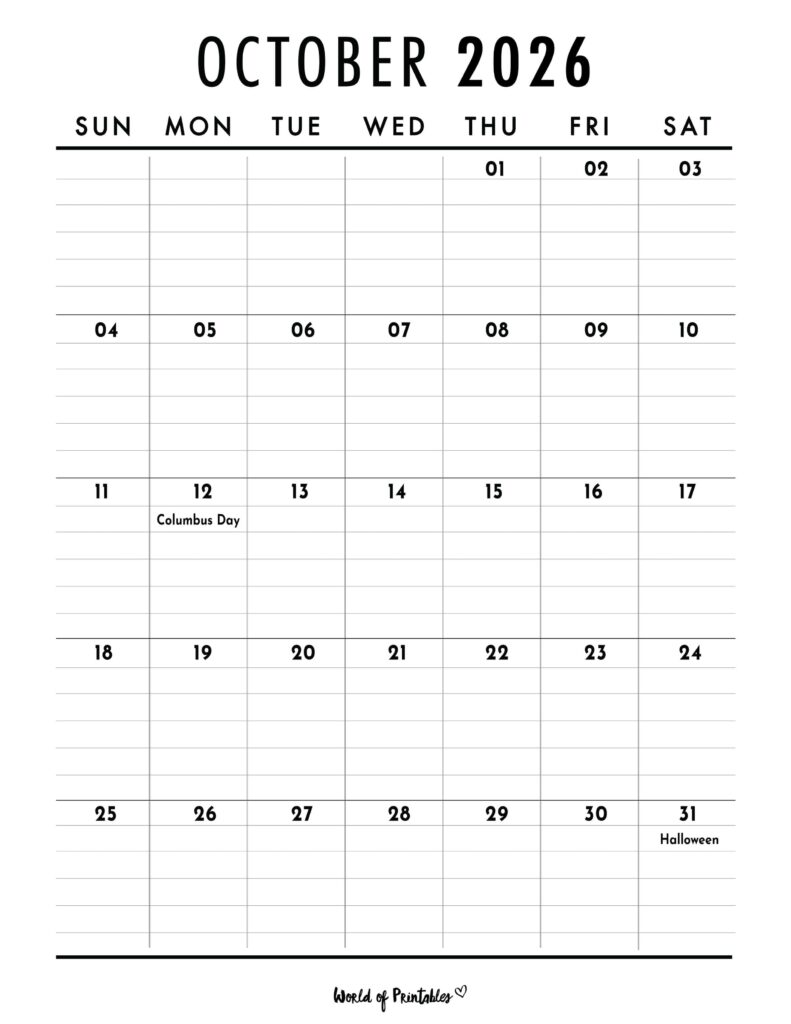 October 2026 Calendar with Holidays 2