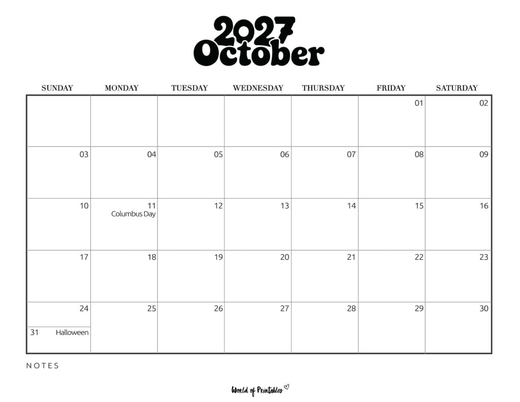 October 2027 Calendar with Holidays 1