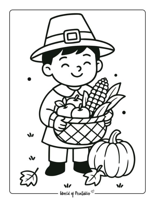 Pilgrim Boy and Harvest Printable Thanksgiving Coloring Sheet