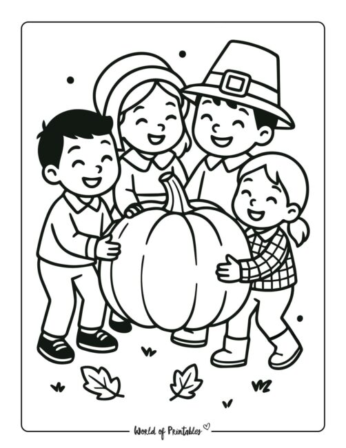 Pilgrims and Friends Fun Thanksgiving Coloring Page