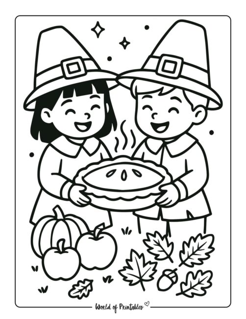 Pilgrims and Pie Cute Thanksgiving Coloring Page