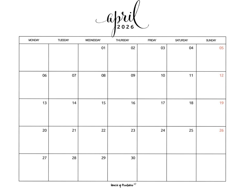 Printable April 2026 Calendar Design 1