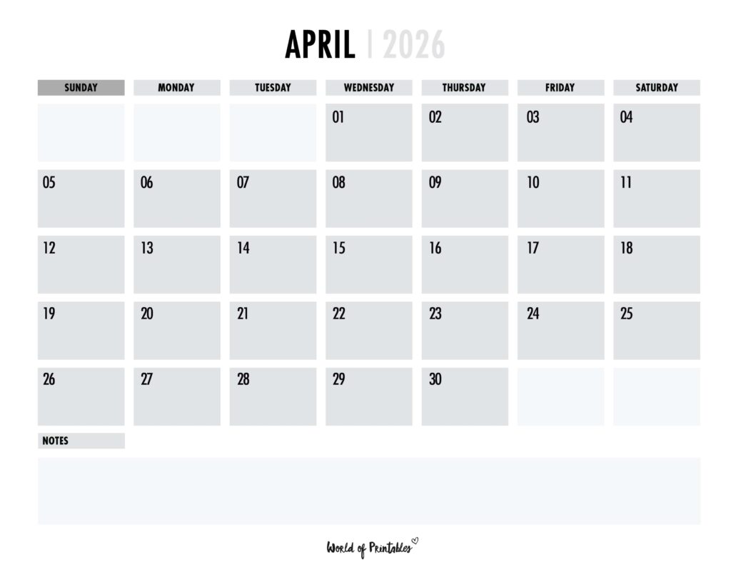 Printable April 2026 Calendar Design 101