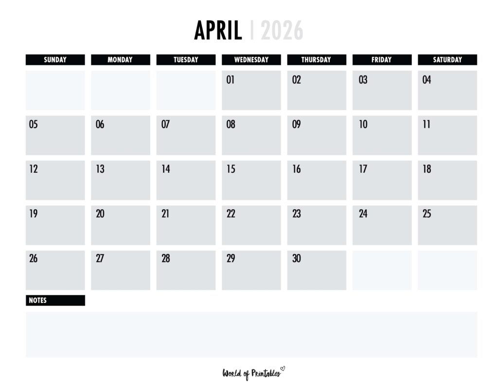 Printable April 2026 Calendar Design 102