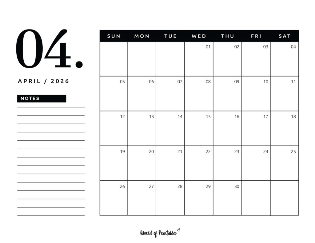 Printable April 2026 Calendar Design 105