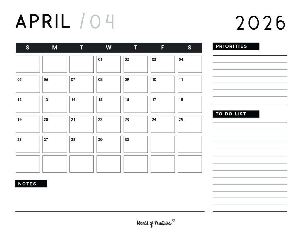 Printable April 2026 Calendar Design 107