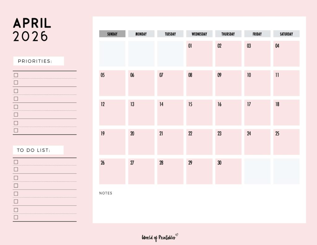 Printable April 2026 Calendar Design 111