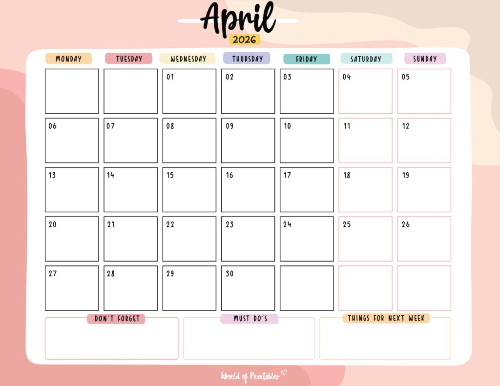 Printable April 2026 Calendar Design 115