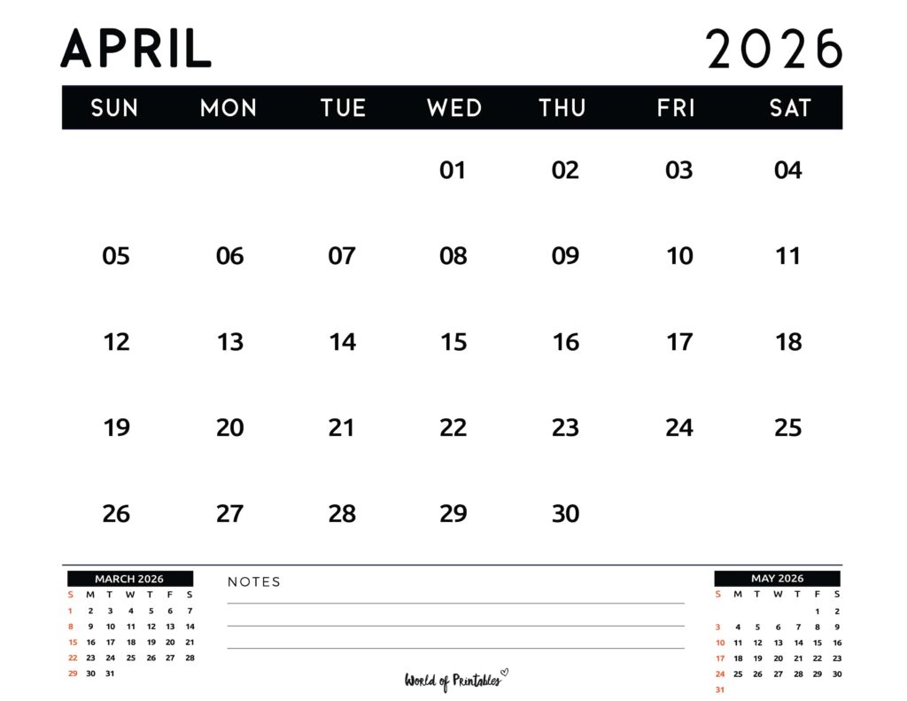 Printable April 2026 Calendar Design 121