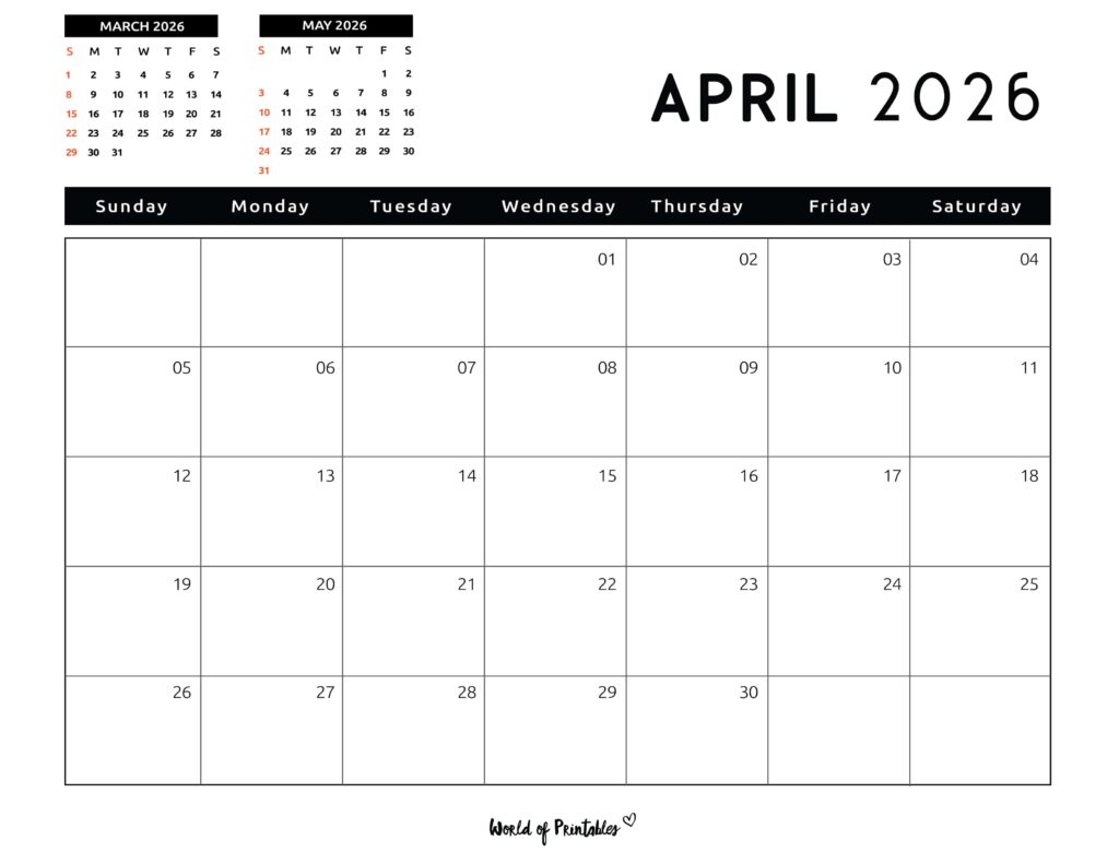 Printable April 2026 Calendar Design 122