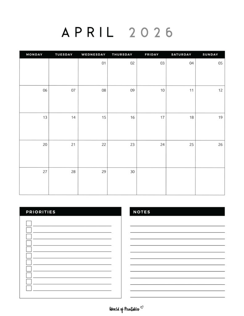 Printable April 2026 Calendar Design 123