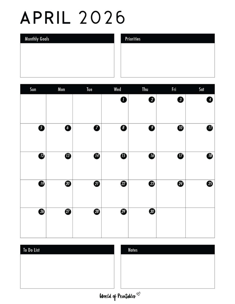 Printable April 2026 Calendar Design 124