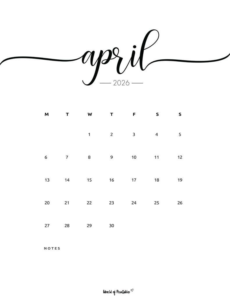 Printable April 2026 Calendar Design 201