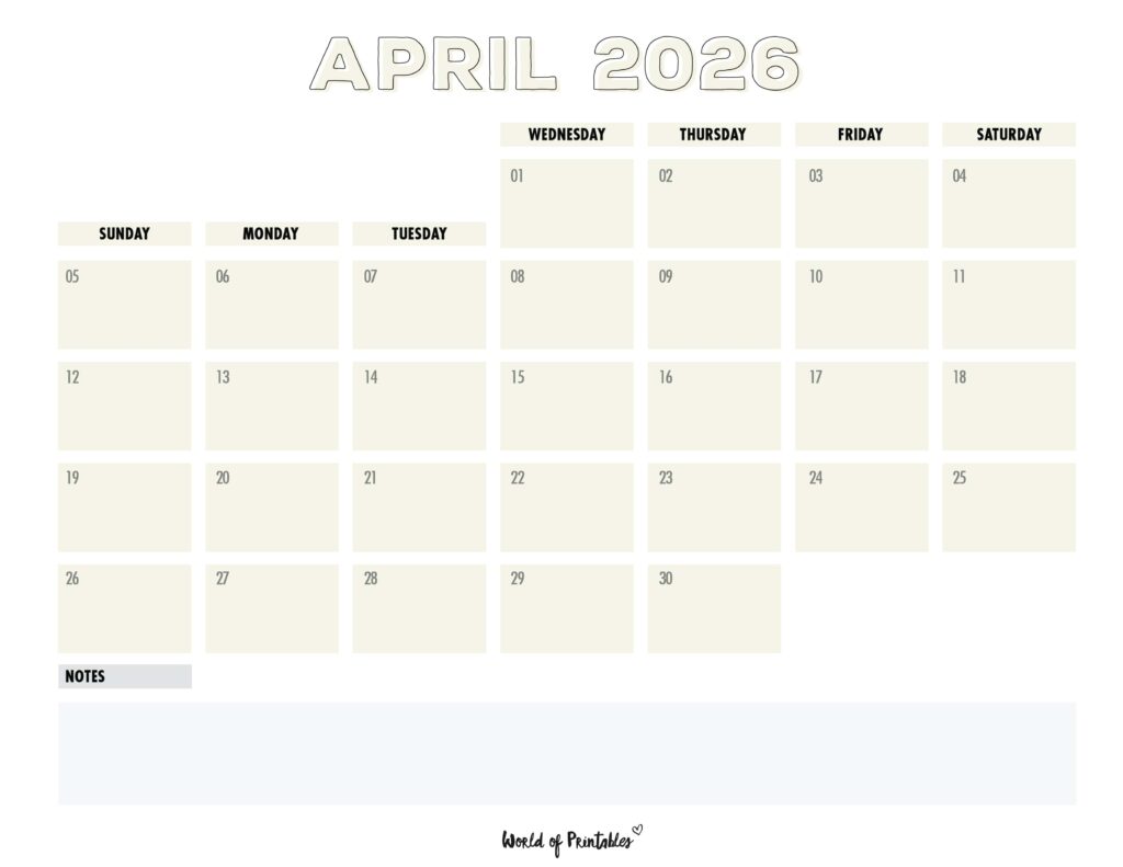 Printable April 2026 Calendar Design 203