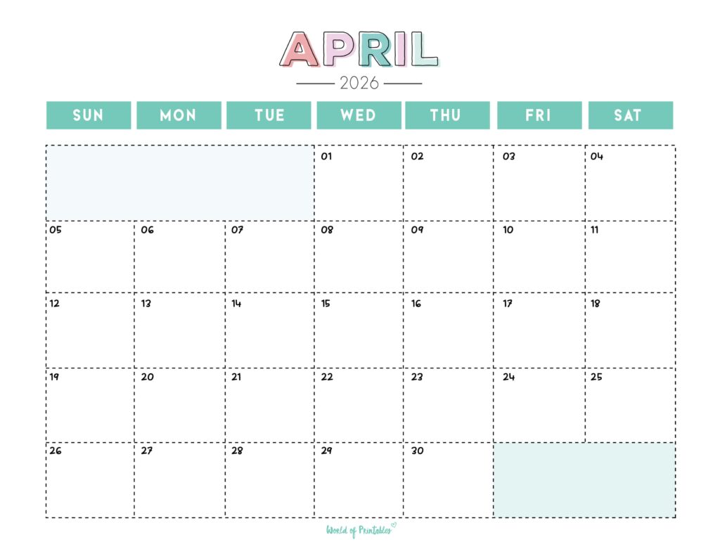Printable April 2026 Calendar Design 252