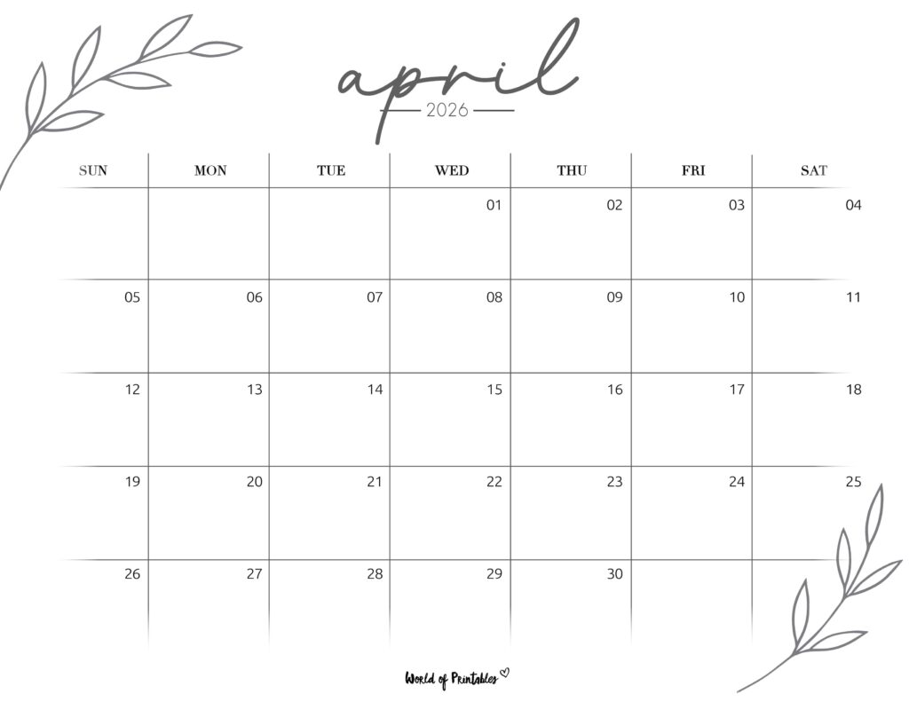 Printable April 2026 Calendar Design 255