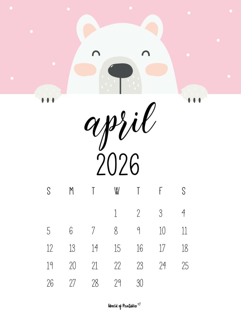 Printable April 2026 Calendar Design 30