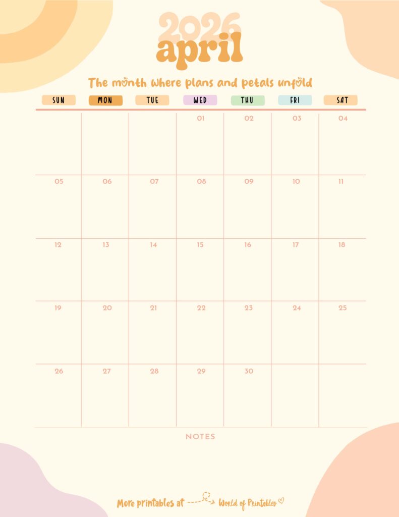 Printable April 2026 Calendar Design 300