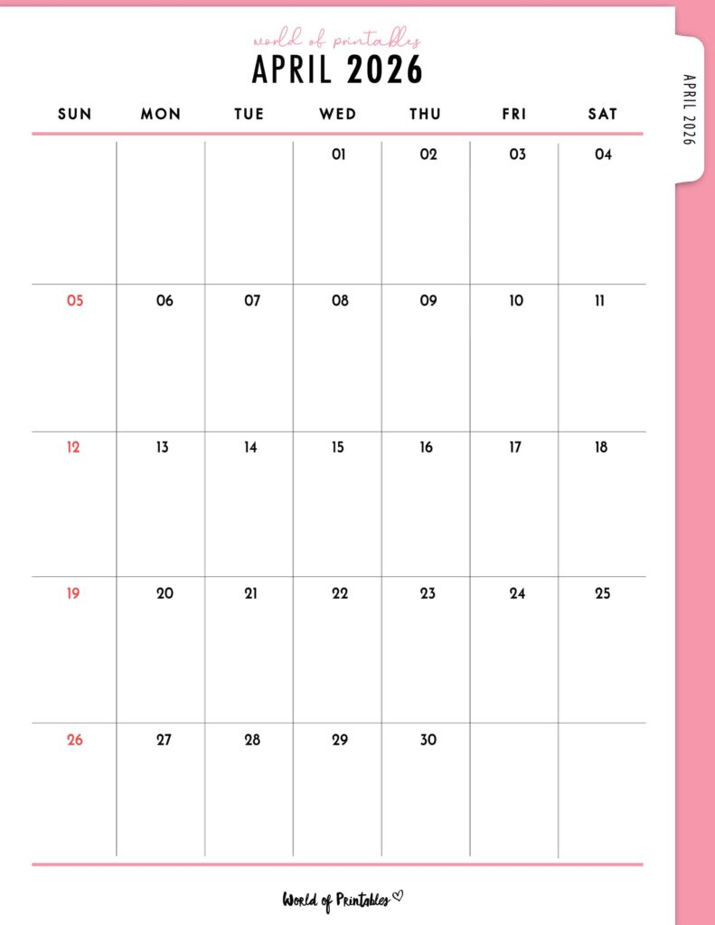 Printable April 2026 Calendar Design 308