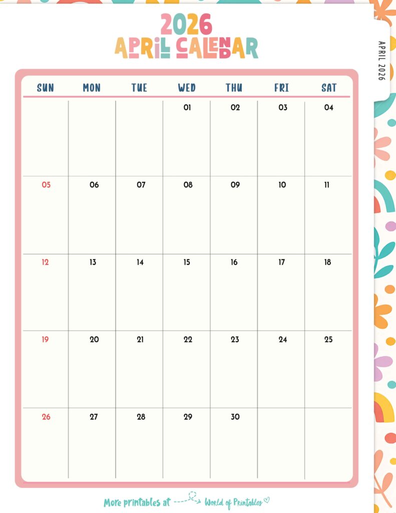 Printable April 2026 Calendar Design 310