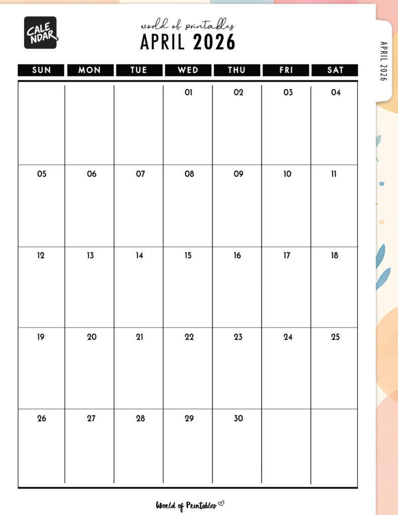 Printable April 2026 Calendar Design 312