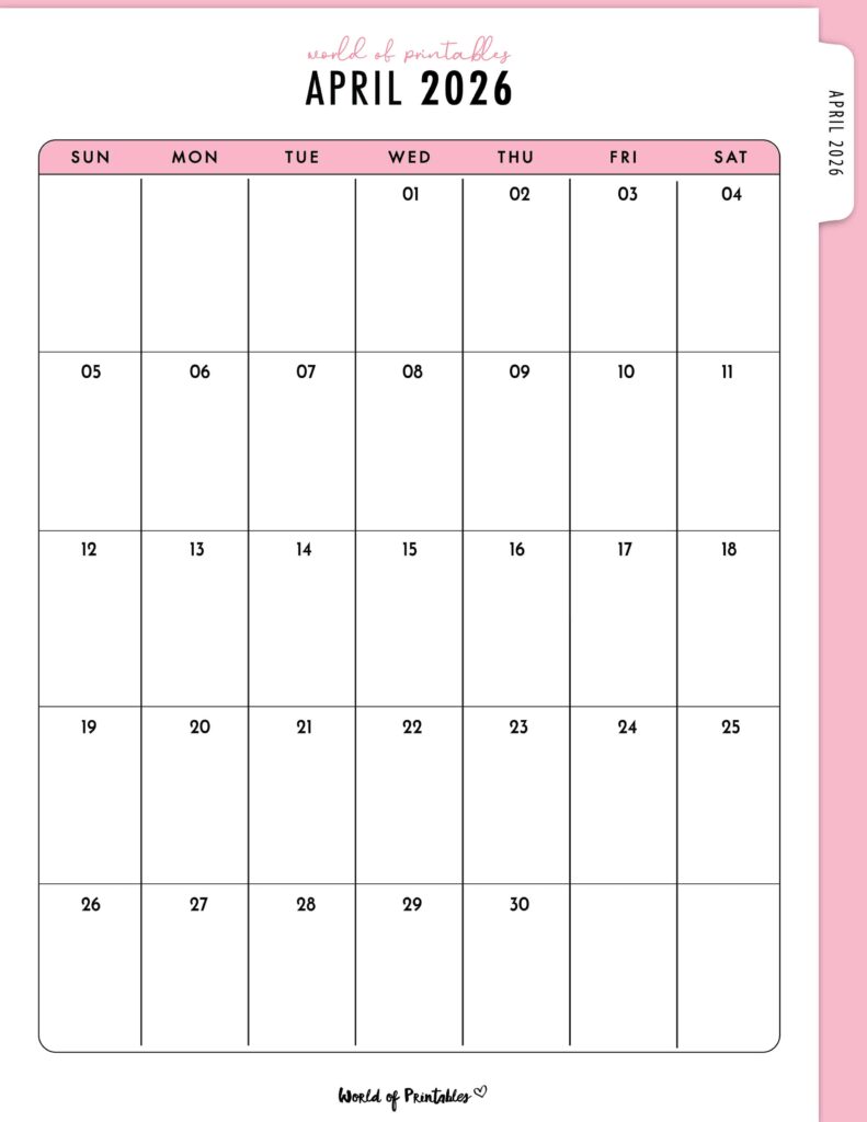 Printable April 2026 Calendar Design 316