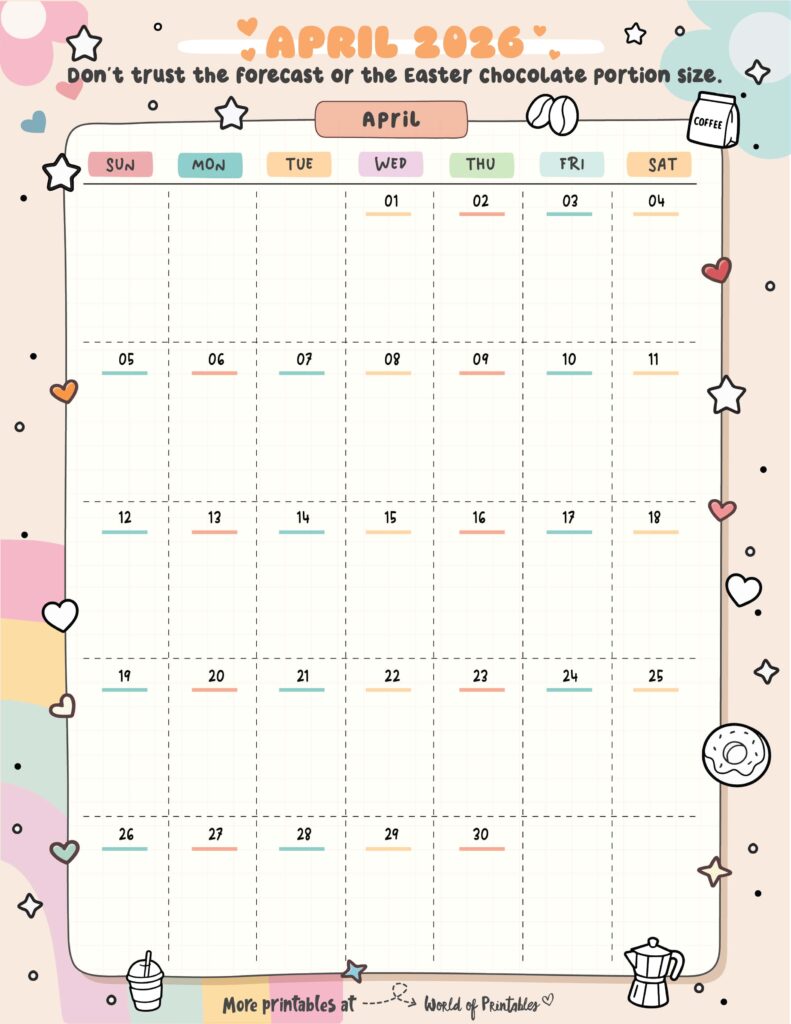 Printable April 2026 Calendar Design 323