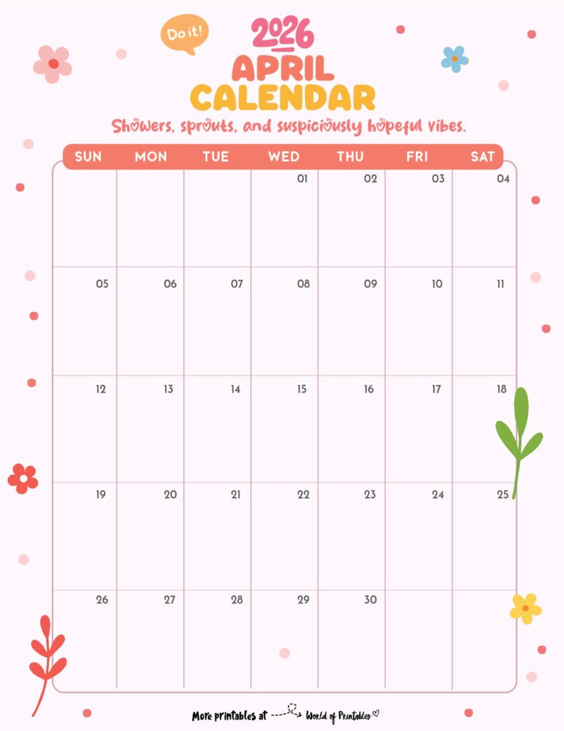Printable April 2026 Calendar Design 330
