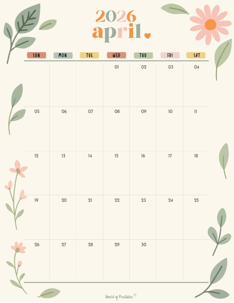 Printable April 2026 Calendar Design 345