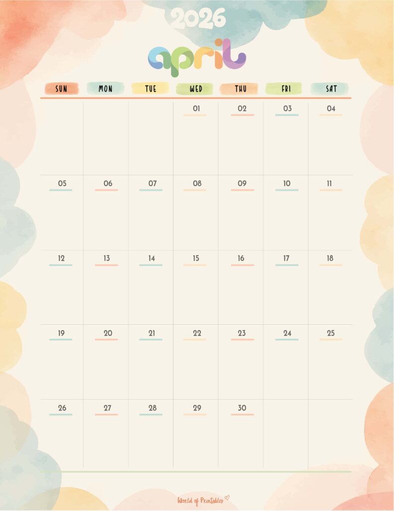 Printable April 2026 Calendar Design 346
