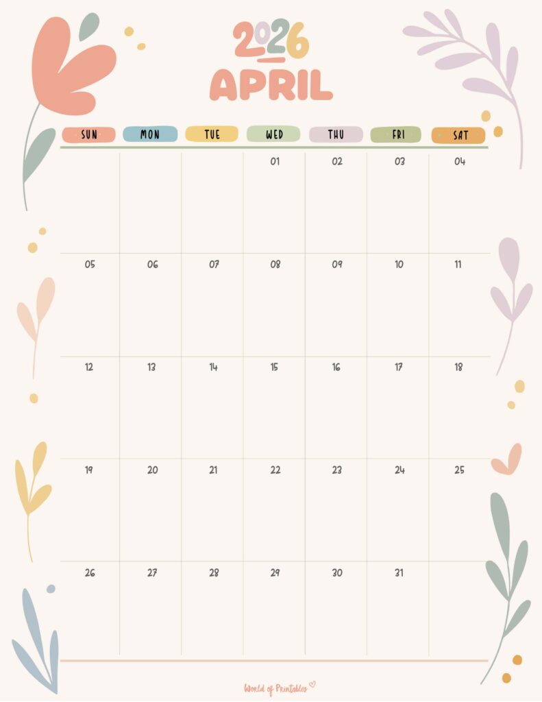Printable April 2026 Calendar Design 349