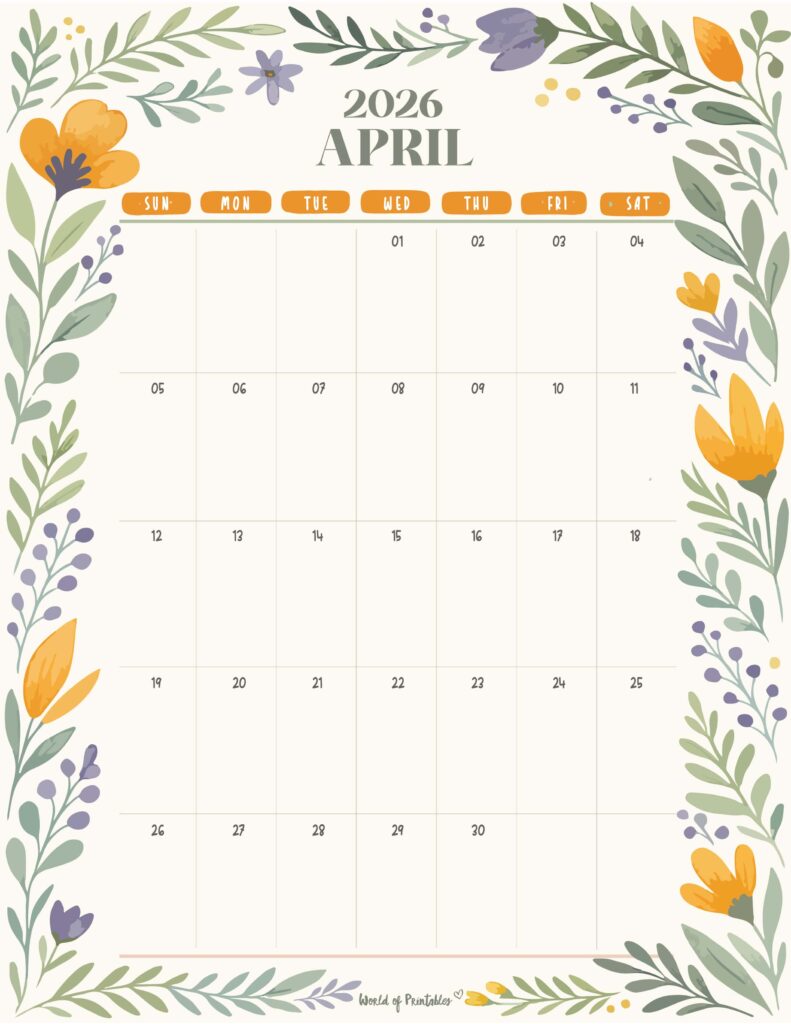 Printable April 2026 Calendar Design 350