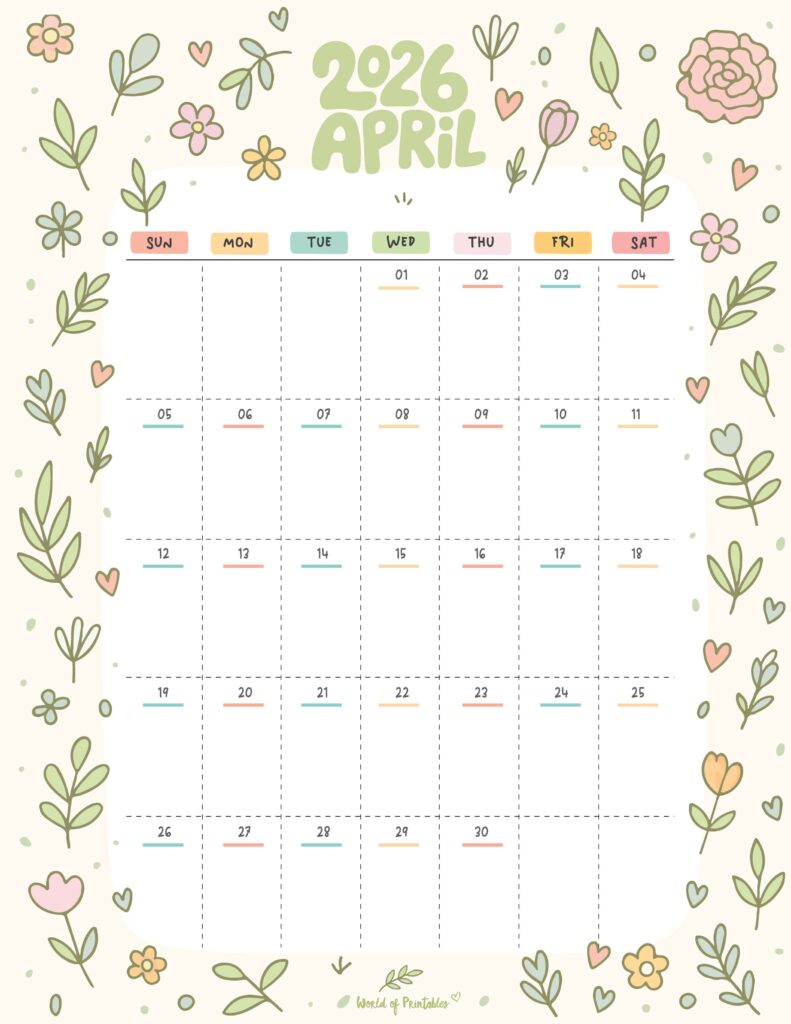 Printable April 2026 Calendar Design 357