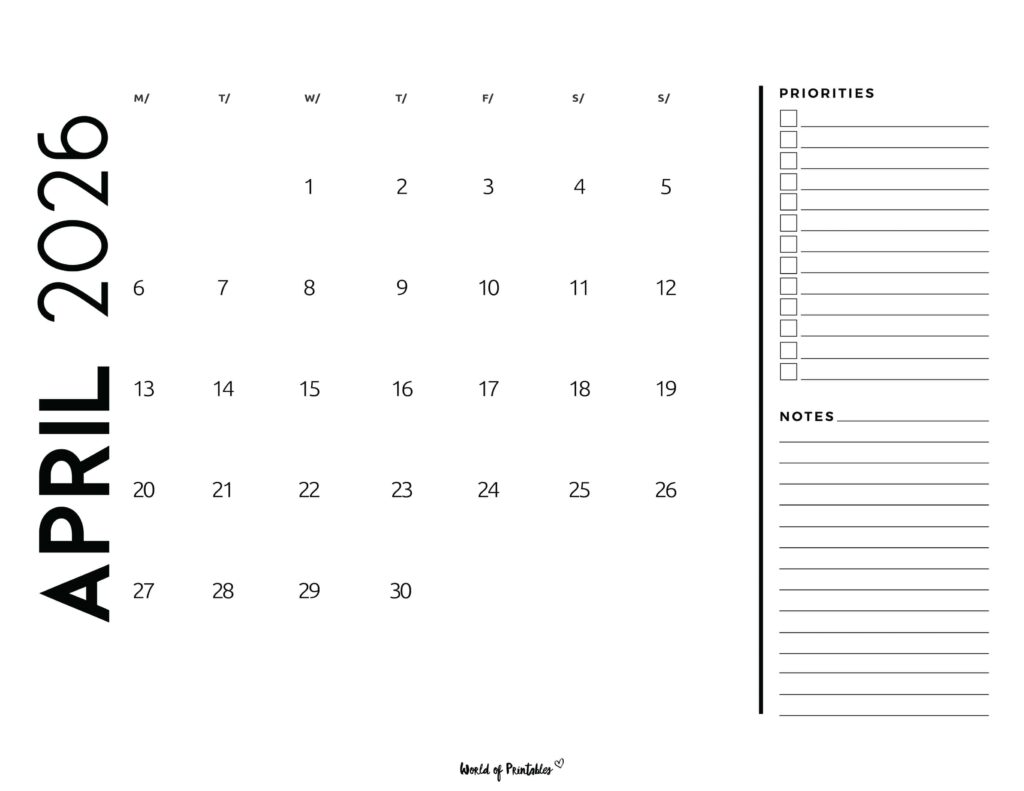 Printable April 2026 Calendar Design 68