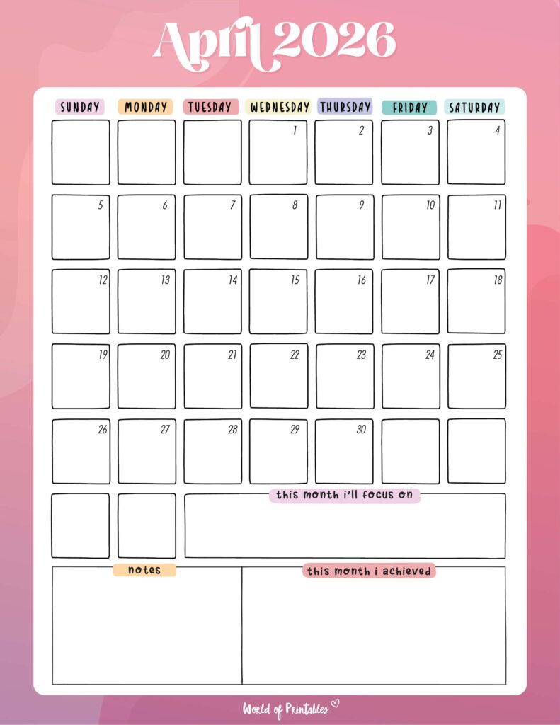 Printable April 2026 Calendar Design 93