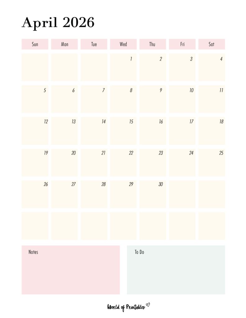 Printable April 2026 Calendar Design 96