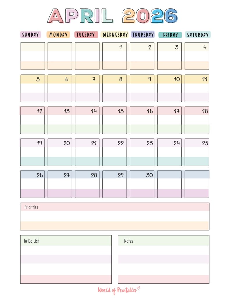 Printable April 2026 Calendar Design 98