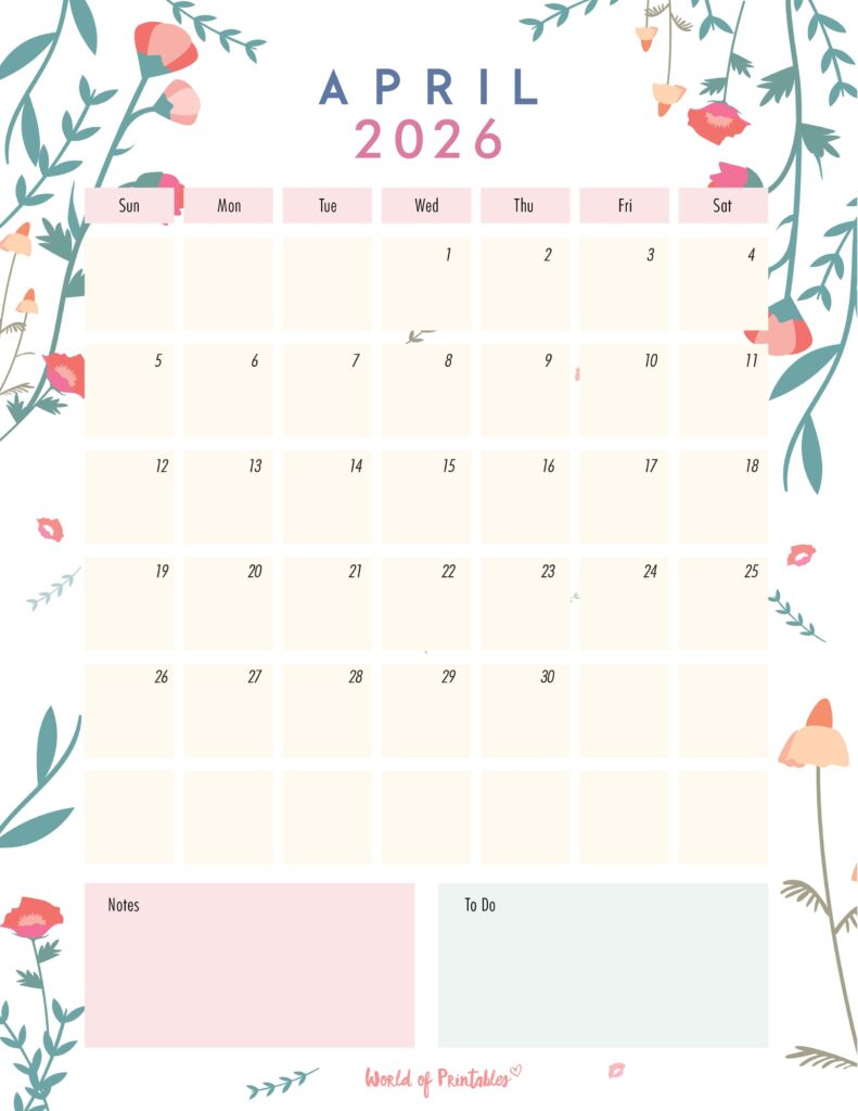 Printable April 2026 Calendar Design 99