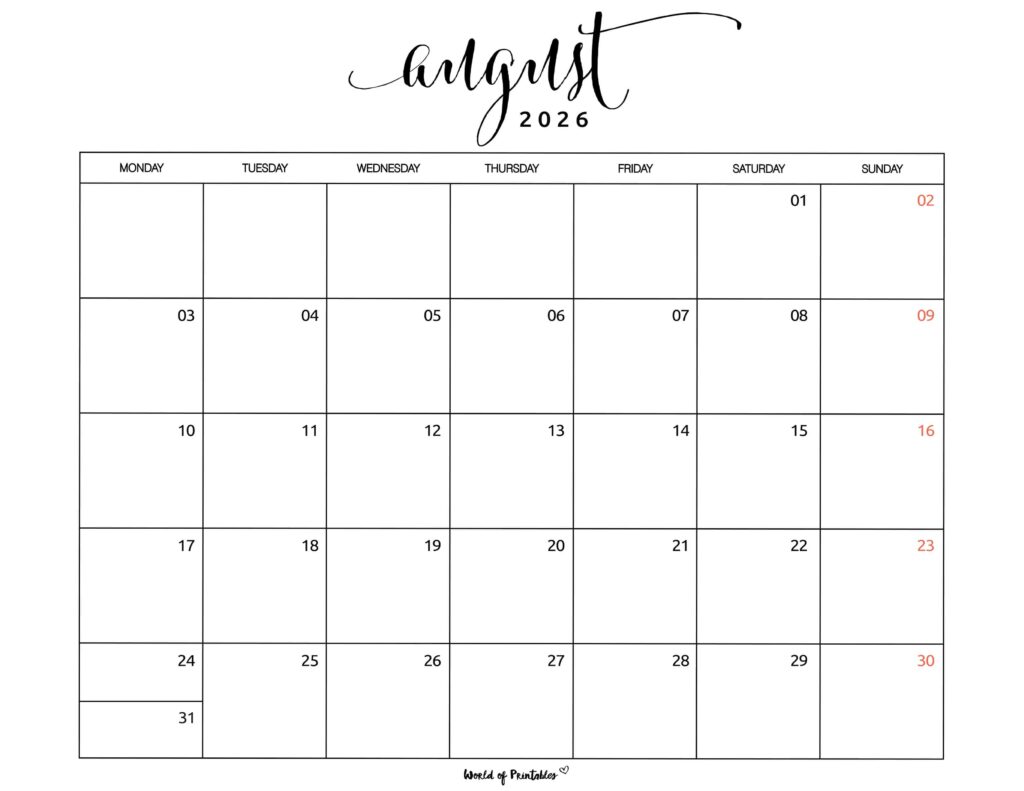 Printable August 2026 Calendar Design 1